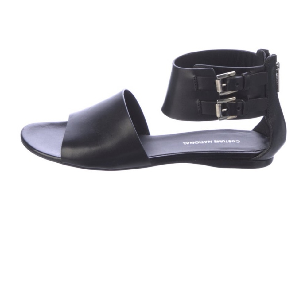 CNC Costume National Black Leather Ankle-Buckle Flat Sandals